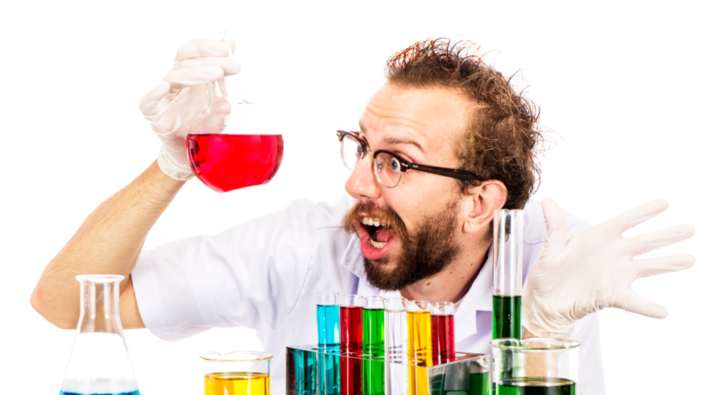 photo of a mad scientist holding up a flask with red liquid while grimacing