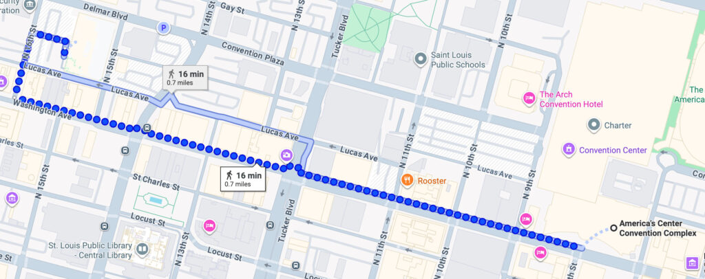 map showing walking directions from St. Louis convention center to City Museum.
