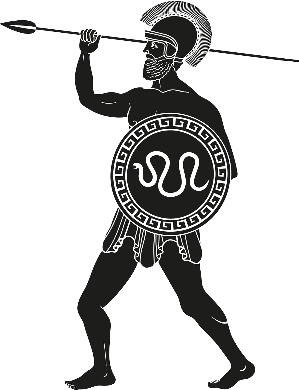 black and white line drawing of a greek warrior with shield, helmet, and upraised spear